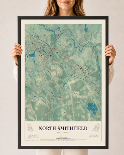 North Smithfield, Rhode Island map print, 24" x 36" W/ Black Ayous Wood Frame mockup