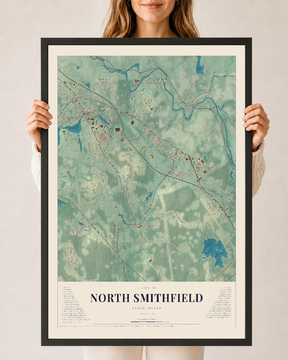 North Smithfield, Rhode Island map print, 24" x 36" W/ Black Ayous Wood Frame mockup