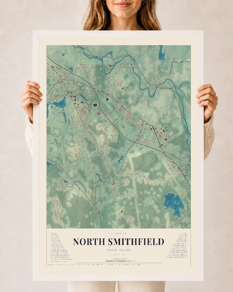 North Smithfield, Rhode Island map print, 24" x 36" W/ White Ayous Wood Frame mockup