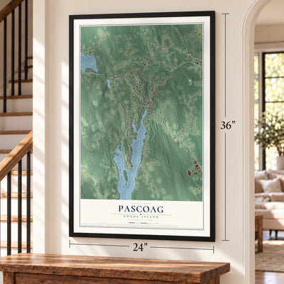 Pascoag, Rhode Island map, 24 x 36 inch print in a black frame by a staircase