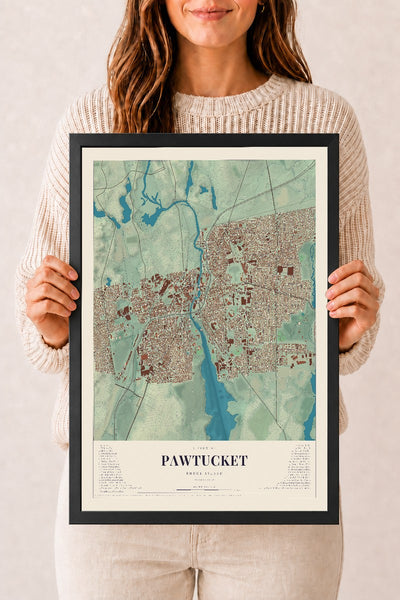 Pawtucket, Rhode Island map print, 12" x 18" W/ Black Ayous Wood Frame mockup