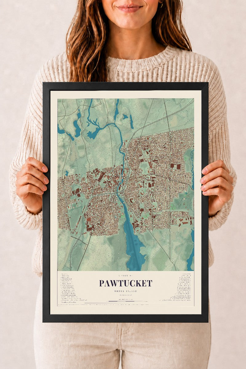 Pawtucket, Rhode Island map print, 12" x 18" W/ Black Ayous Wood Frame mockup