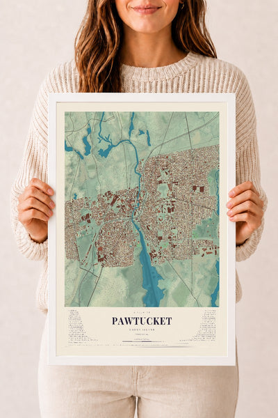 Pawtucket, Rhode Island map print, 12" x 18" W/ White Ayous Wood Frame mockup