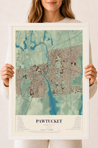 Pawtucket, Rhode Island map print, 18" x 24" W/ White Ayous Wood Frame mockup
