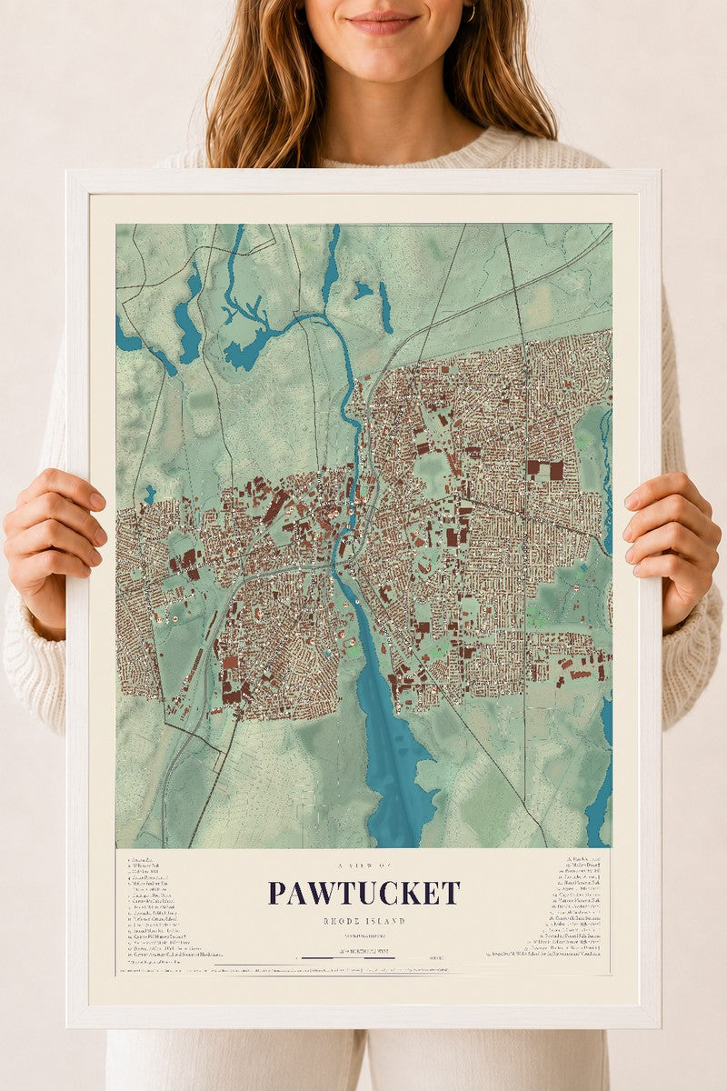 Pawtucket, Rhode Island map print, 18" x 24" W/ White Ayous Wood Frame mockup