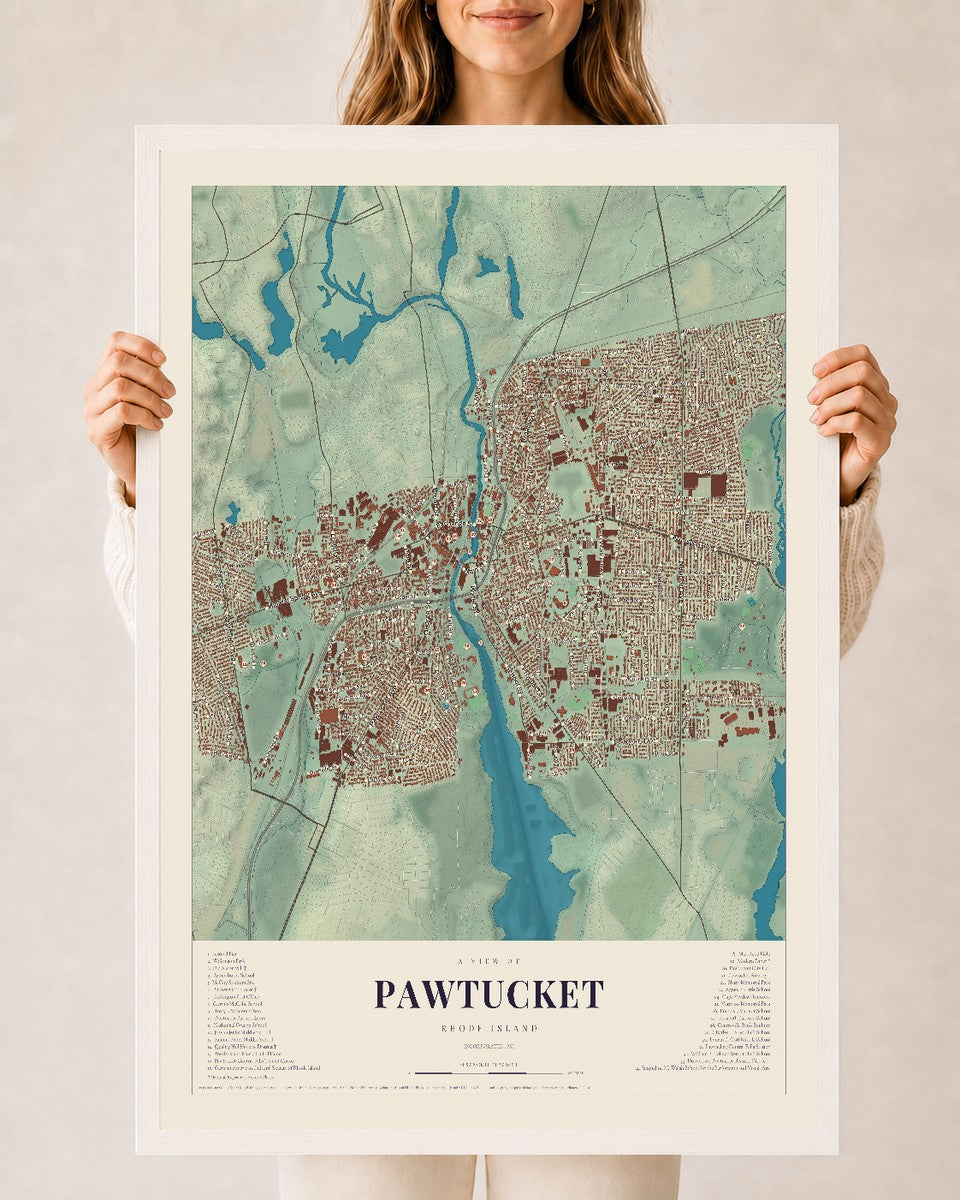 Pawtucket, Rhode Island map print, 24" x 36" W/ White Ayous Wood Frame mockup