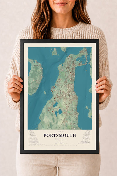 Portsmouth, Rhode Island map print, 12" x 18" W/ Black Ayous Wood Frame mockup