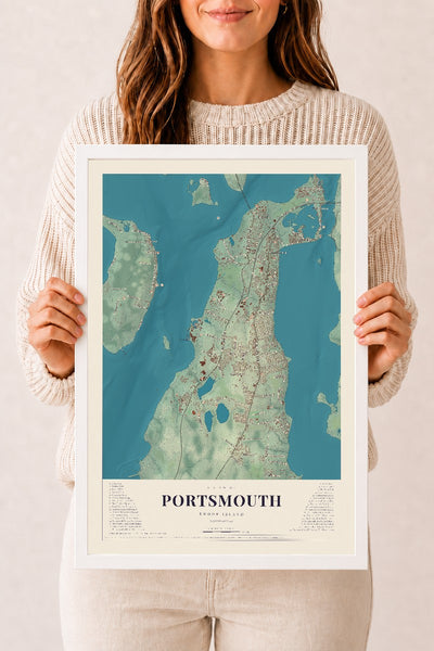 Portsmouth, Rhode Island map print, 12" x 18" W/ White Ayous Wood Frame mockup