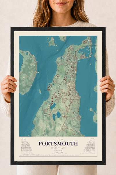Portsmouth, Rhode Island map print, 18" x 24" W/ Black Ayous Wood Frame mockup