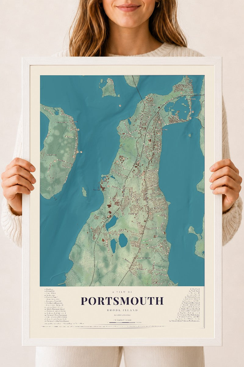 Portsmouth, Rhode Island map print, 18" x 24" W/ White Ayous Wood Frame mockup