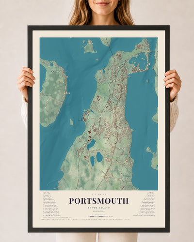 Portsmouth, Rhode Island map print, 24" x 36" W/ Black Ayous Wood Frame mockup