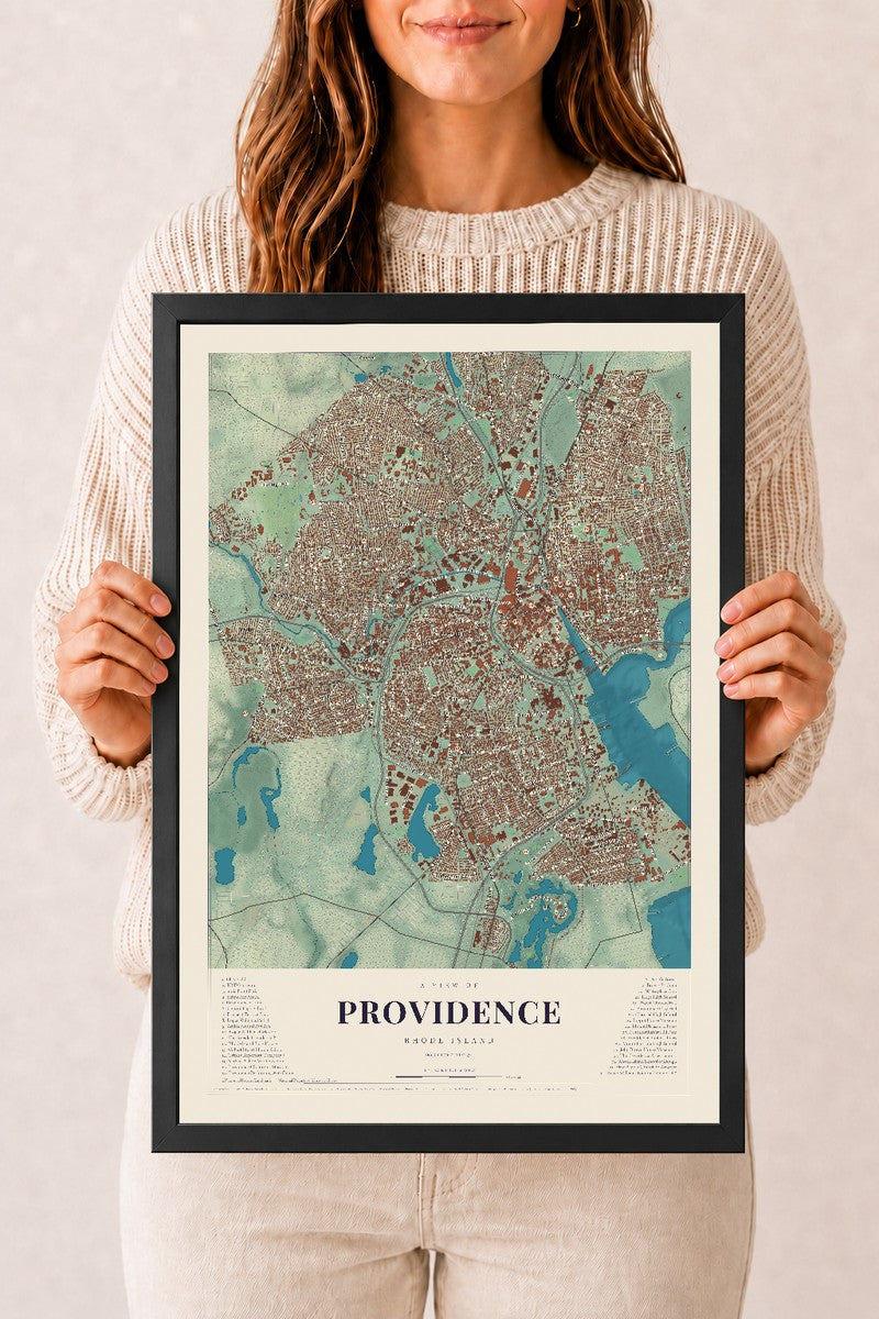 Providence, Rhode Island map print, 12" x 18" W/ Black Ayous Wood Frame mockup