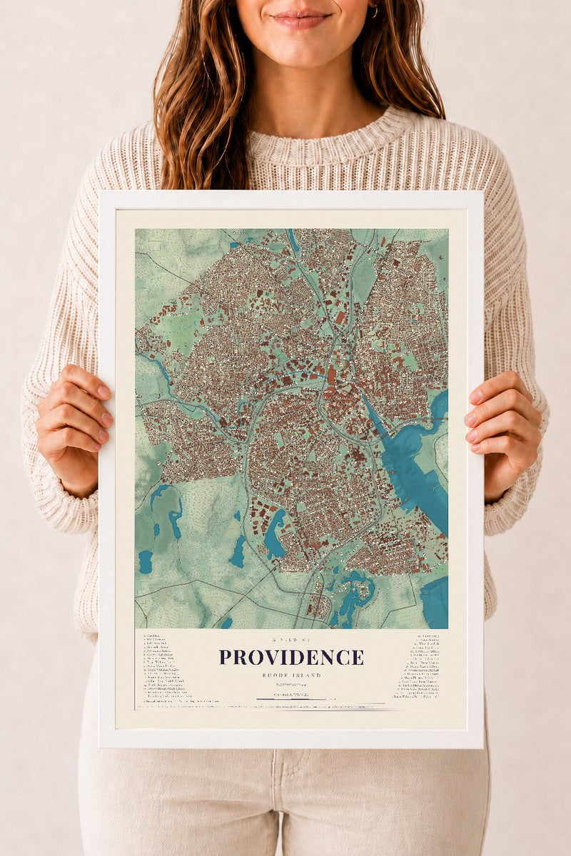 Providence, Rhode Island map print, 12" x 18" W/ White Ayous Wood Frame mockup