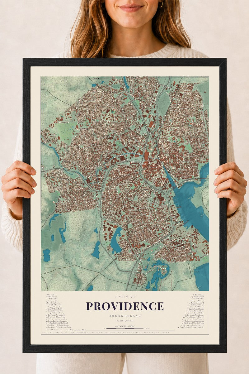 Providence, Rhode Island map print, 18" x 24" W/ Black Ayous Wood Frame mockup