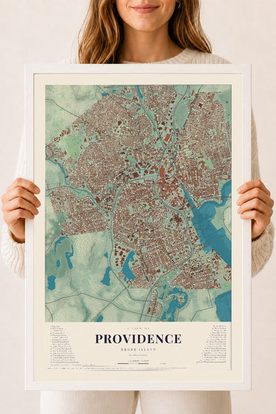 Providence, Rhode Island map print, 18" x 24" W/ White Ayous Wood Frame mockup
