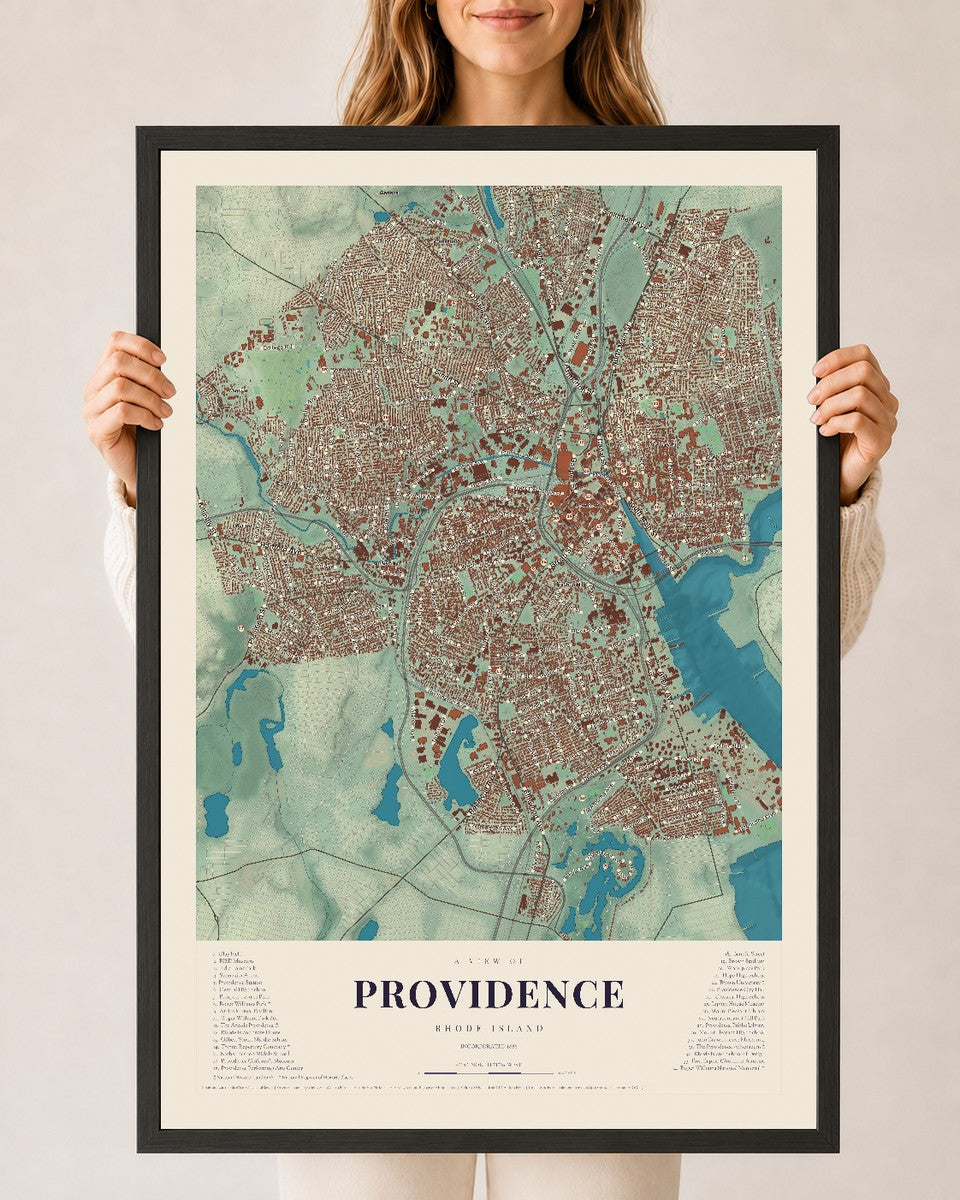 Providence, Rhode Island map print, 24" x 36" W/ Black Ayous Wood Frame mockup