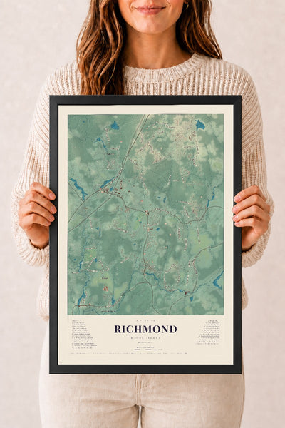 Richmond, Rhode Island map print, 12" x 18" W/ Black Ayous Wood Frame mockup