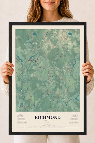 Richmond, Rhode Island map print, 18" x 24" W/ Black Ayous Wood Frame mockup