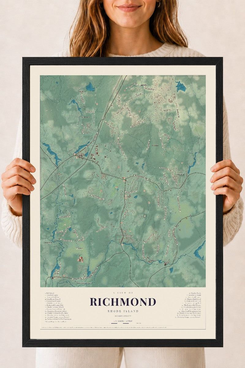 Richmond, Rhode Island map print, 18" x 24" W/ Black Ayous Wood Frame mockup