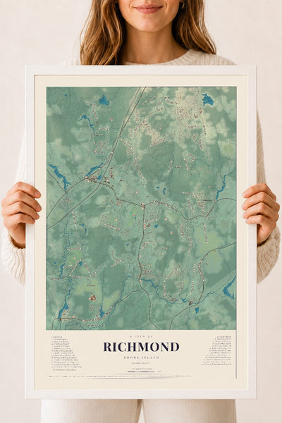 Richmond, Rhode Island map print, 18" x 24" W/ White Ayous Wood Frame mockup