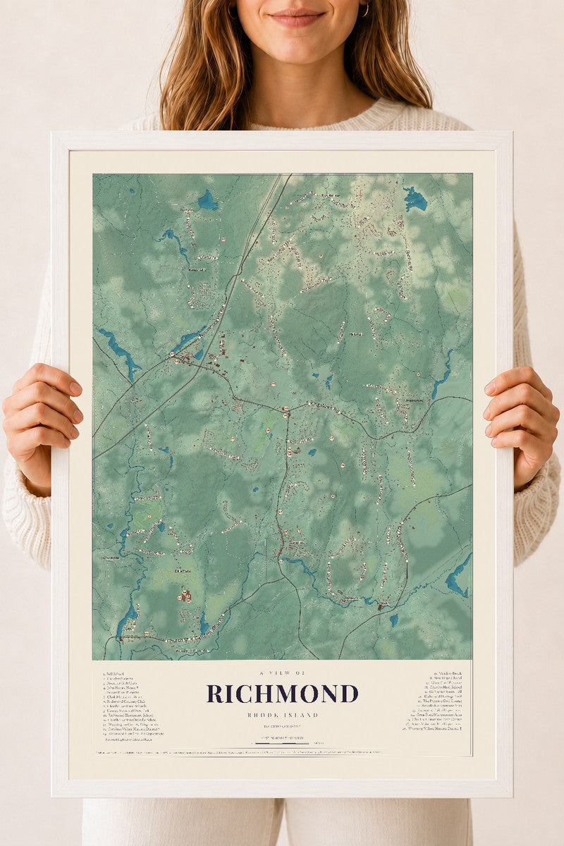 Richmond, Rhode Island map print, 18" x 24" W/ White Ayous Wood Frame mockup