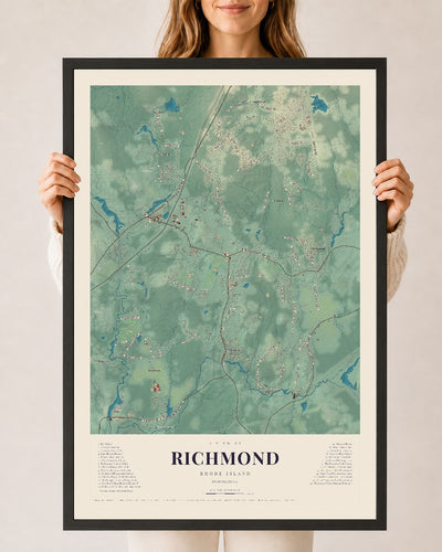 Richmond, Rhode Island map print, 24" x 36" W/ Black Ayous Wood Frame mockup