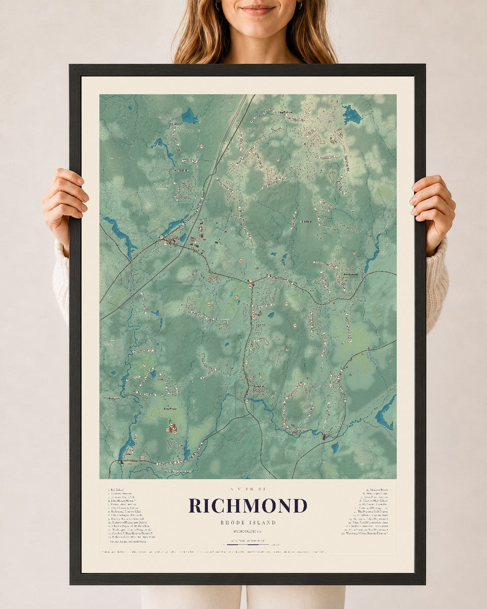 Richmond, Rhode Island map print, 24" x 36" W/ Black Ayous Wood Frame mockup
