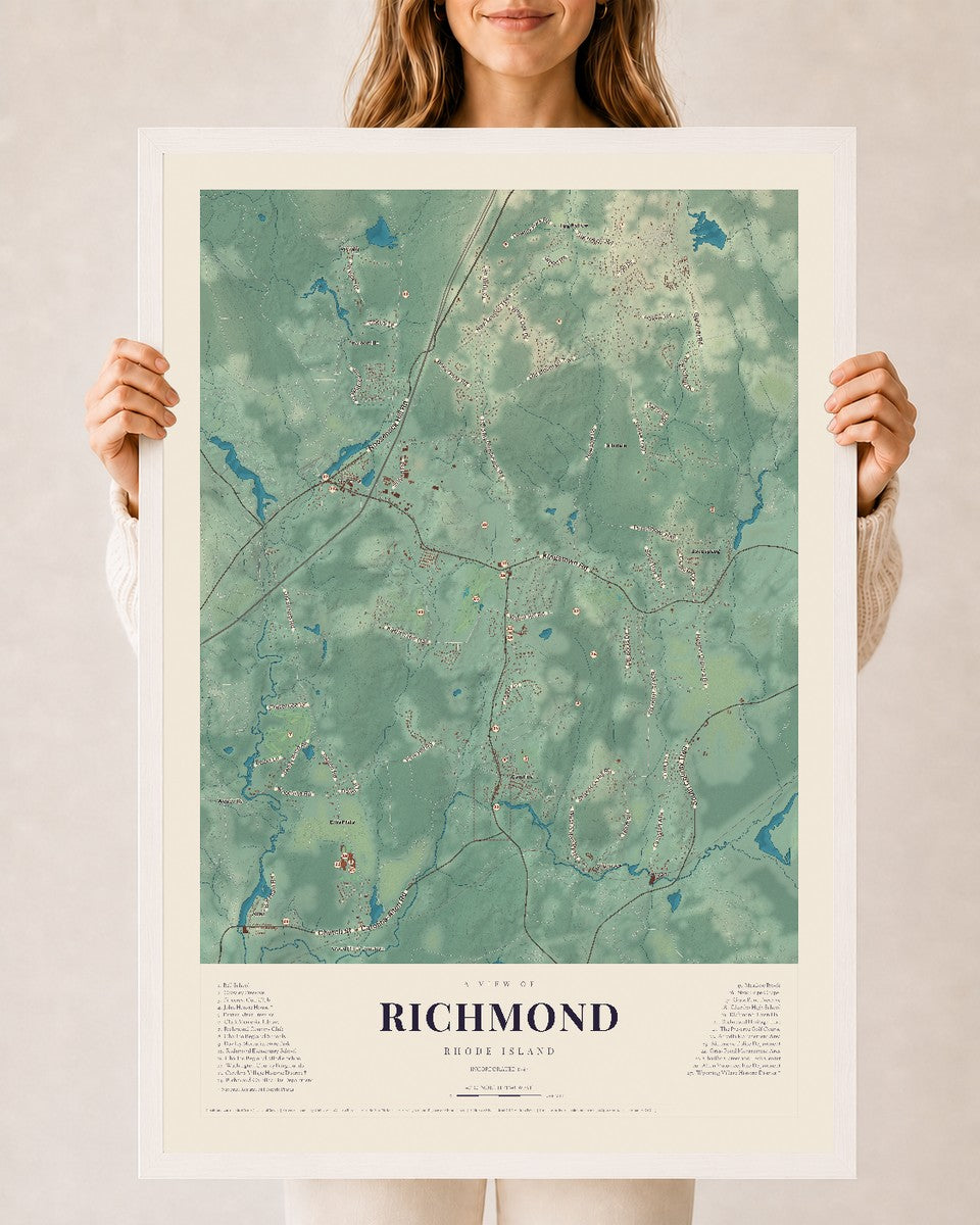 Richmond, Rhode Island map print, 24" x 36" W/ White Ayous Wood Frame mockup