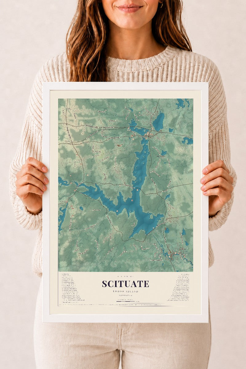 Scituate, Rhode Island map print, 12" x 18" W/ White Ayous Wood Frame mockup