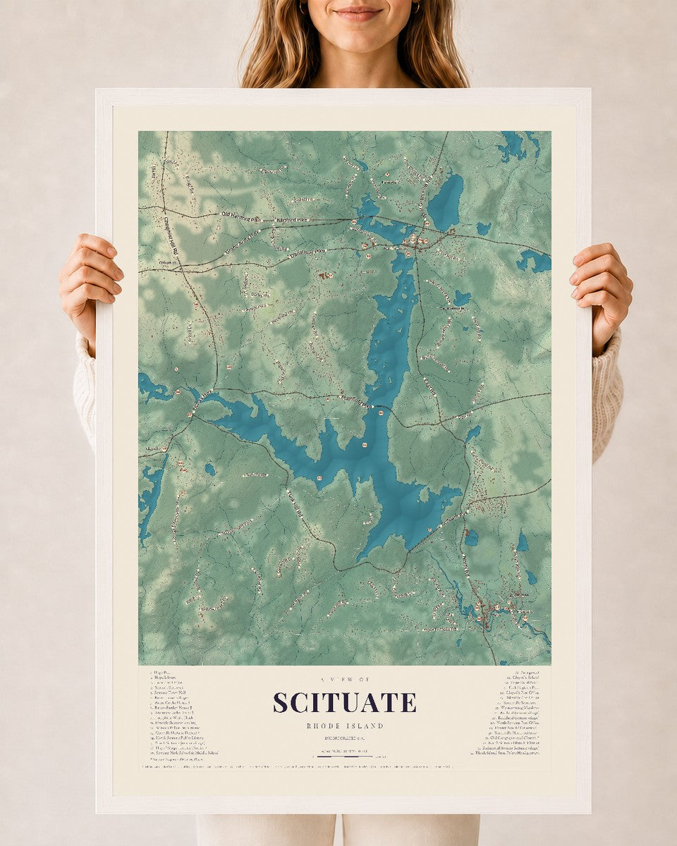 Scituate, Rhode Island map print, 24" x 36" W/ White Ayous Wood Frame mockup
