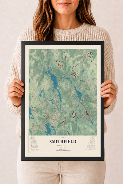 Smithfield, Rhode Island map print, 12" x 18" W/ Black Ayous Wood Frame mockup