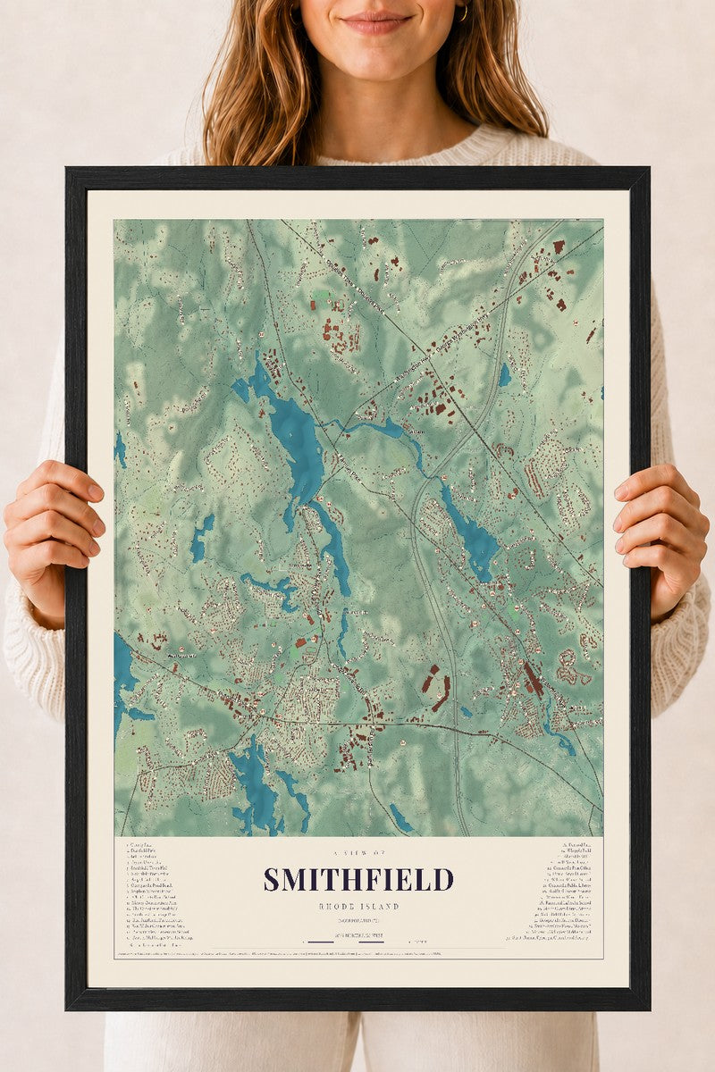 Smithfield, Rhode Island map print, 18" x 24" W/ Black Ayous Wood Frame mockup