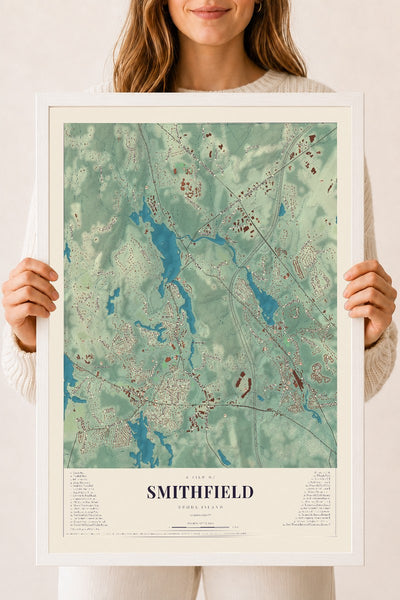 Smithfield, Rhode Island map print, 18" x 24" W/ White Ayous Wood Frame mockup