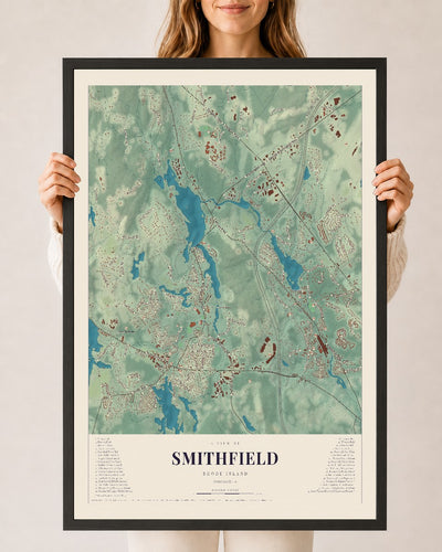Smithfield, Rhode Island map print, 24" x 36" W/ Black Ayous Wood Frame mockup