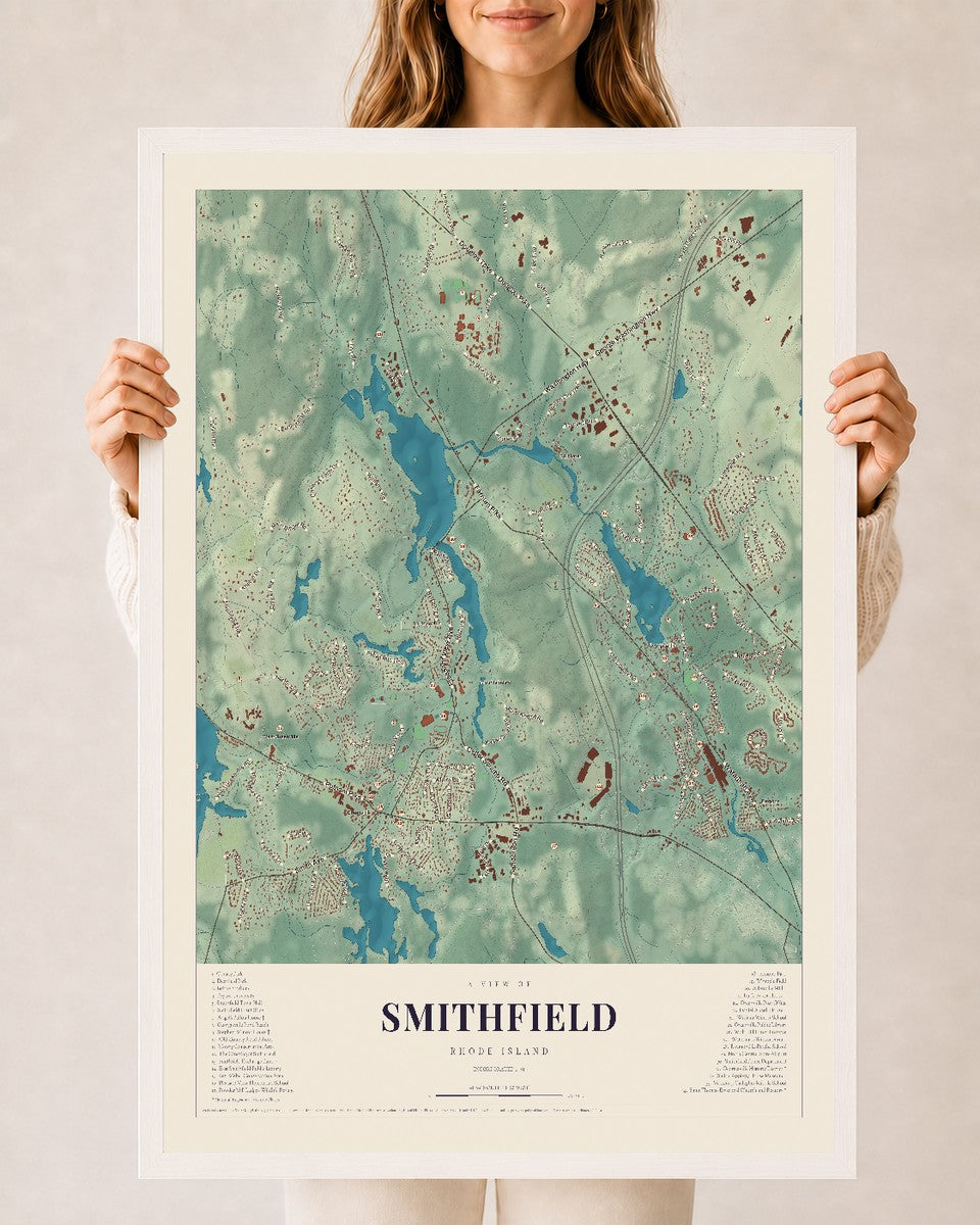 Smithfield, Rhode Island map print, 24" x 36" W/ White Ayous Wood Frame mockup
