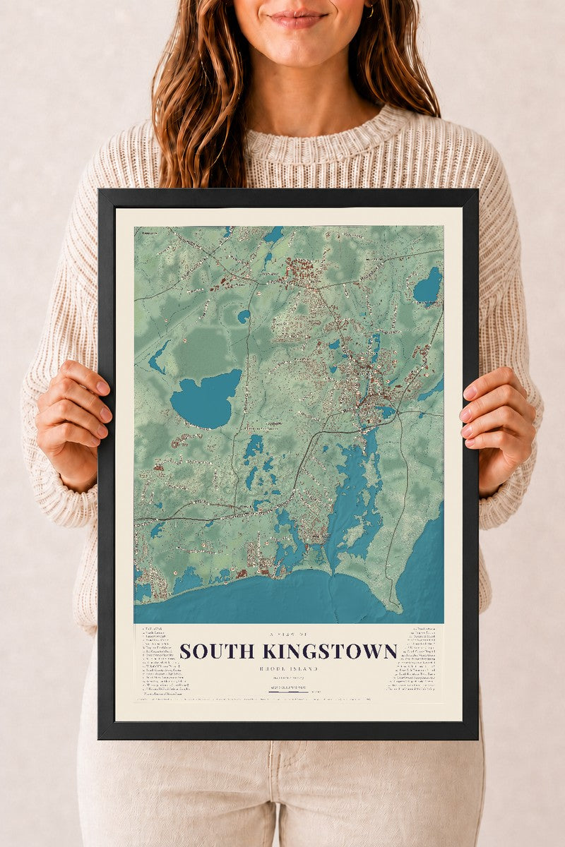 South Kingstown, Rhode Island map print, 12" x 18" W/ Black Ayous Wood Frame mockup