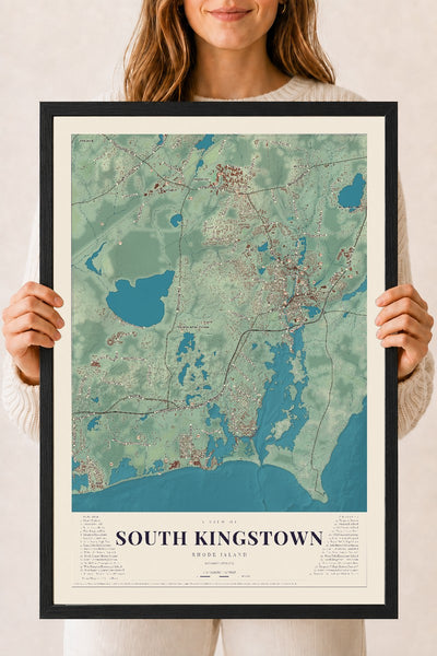 South Kingstown, Rhode Island map print, 18" x 24" W/ Black Ayous Wood Frame mockup