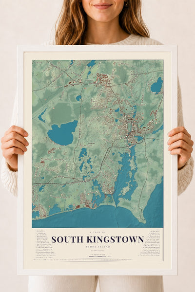 South Kingstown, Rhode Island map print, 18" x 24" W/ White Ayous Wood Frame mockup