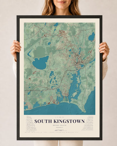 South Kingstown, Rhode Island map print, 24" x 36" W/ Black Ayous Wood Frame mockup