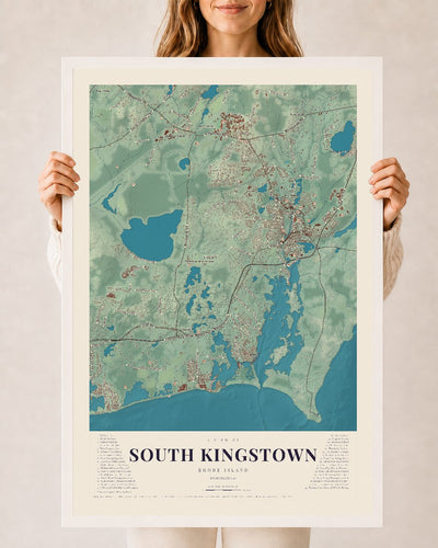 South Kingstown, Rhode Island map print, 24" x 36" W/ White Ayous Wood Frame mockup