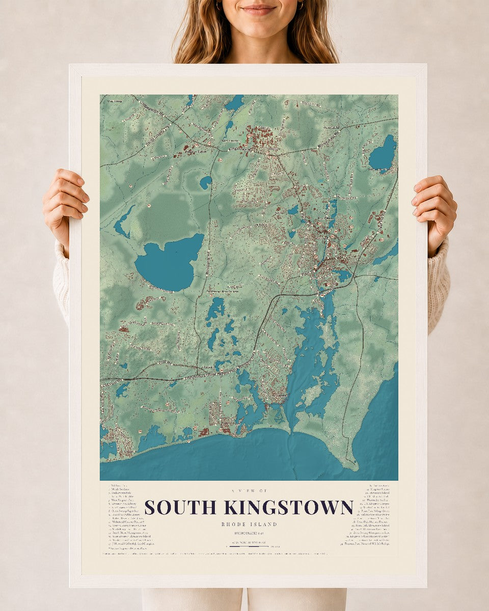 South Kingstown, Rhode Island map print, 24" x 36" W/ White Ayous Wood Frame mockup