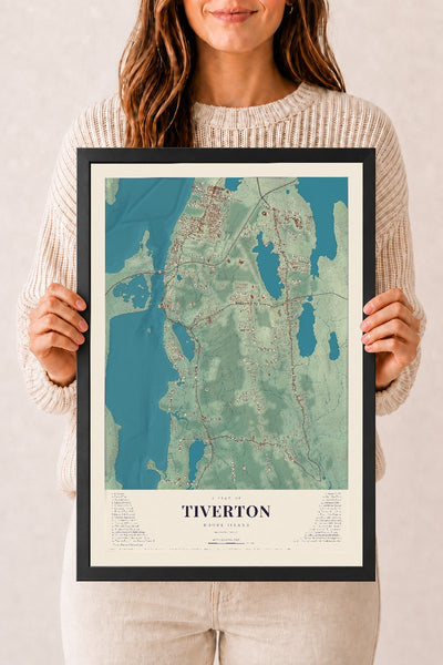 Tiverton, Rhode Island map print, 12" x 18" W/ Black Ayous Wood Frame mockup