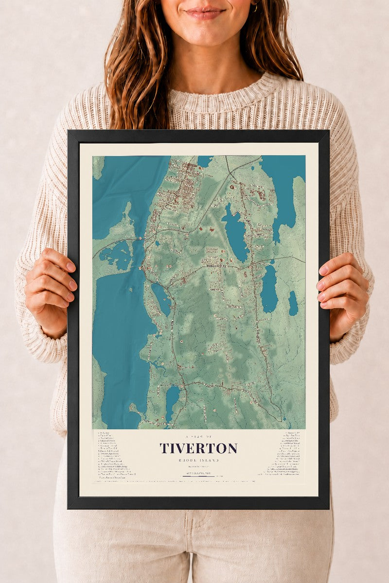 Tiverton, Rhode Island map print, 12" x 18" W/ Black Ayous Wood Frame mockup