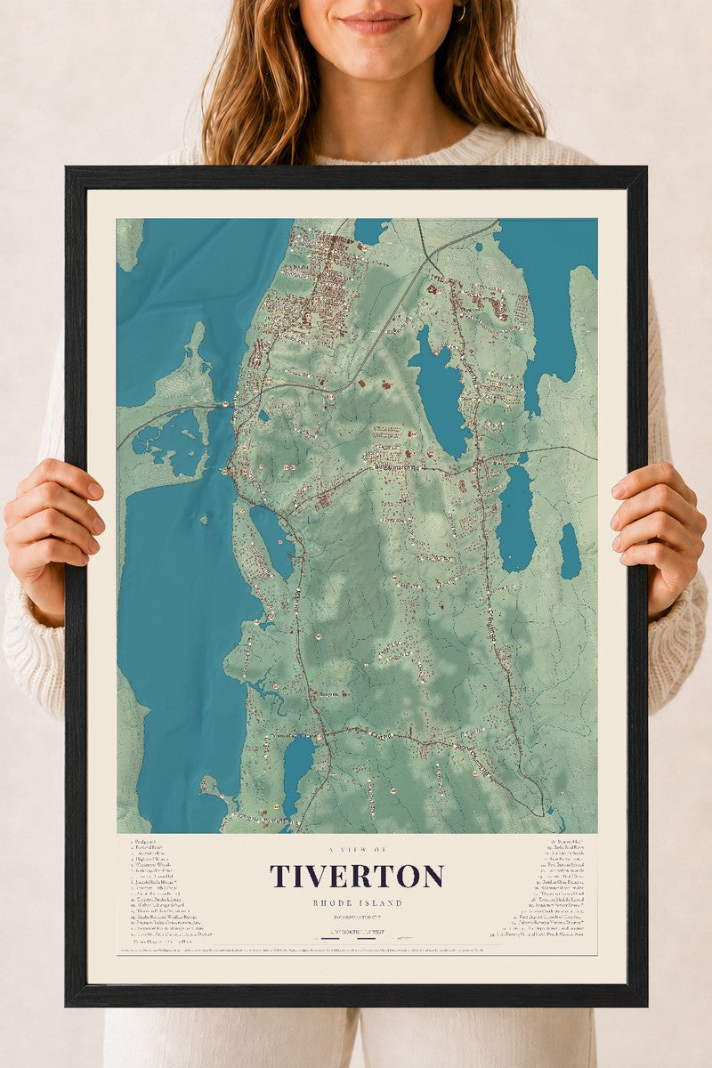 Tiverton, Rhode Island map print, 18" x 24" W/ Black Ayous Wood Frame mockup