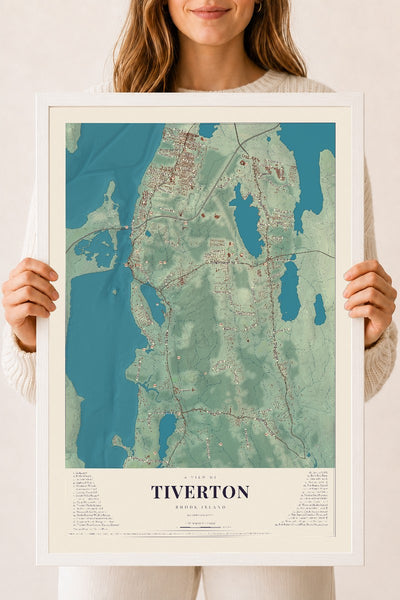 Tiverton, Rhode Island map print, 18" x 24" W/ White Ayous Wood Frame mockup