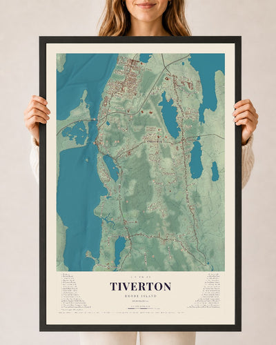 Tiverton, Rhode Island map print, 24" x 36" W/ Black Ayous Wood Frame mockup
