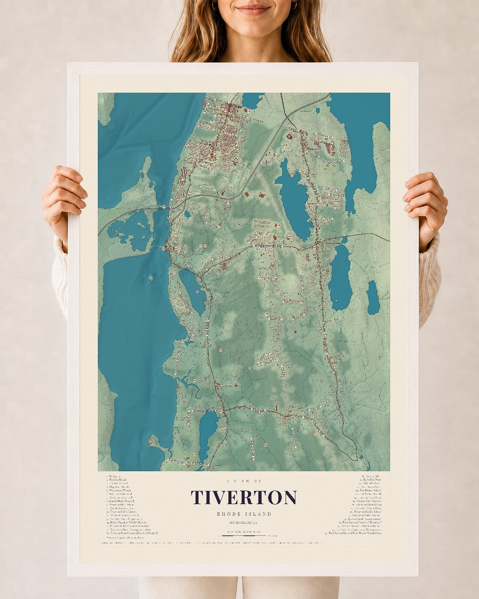 Tiverton, Rhode Island map print, 24" x 36" W/ White Ayous Wood Frame mockup