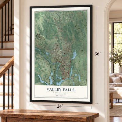 Valley Falls, Rhode Island map, 24 x 36 inch print in a black frame by a staircase