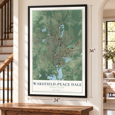 Wakefield-Peace Dale, Rhode Island map, 24 x 36 inch print in a black frame by a staircase
