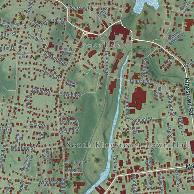 Close-up of the map of Wakefield-Peace Dale, Rhode Island print showing street and building detail
